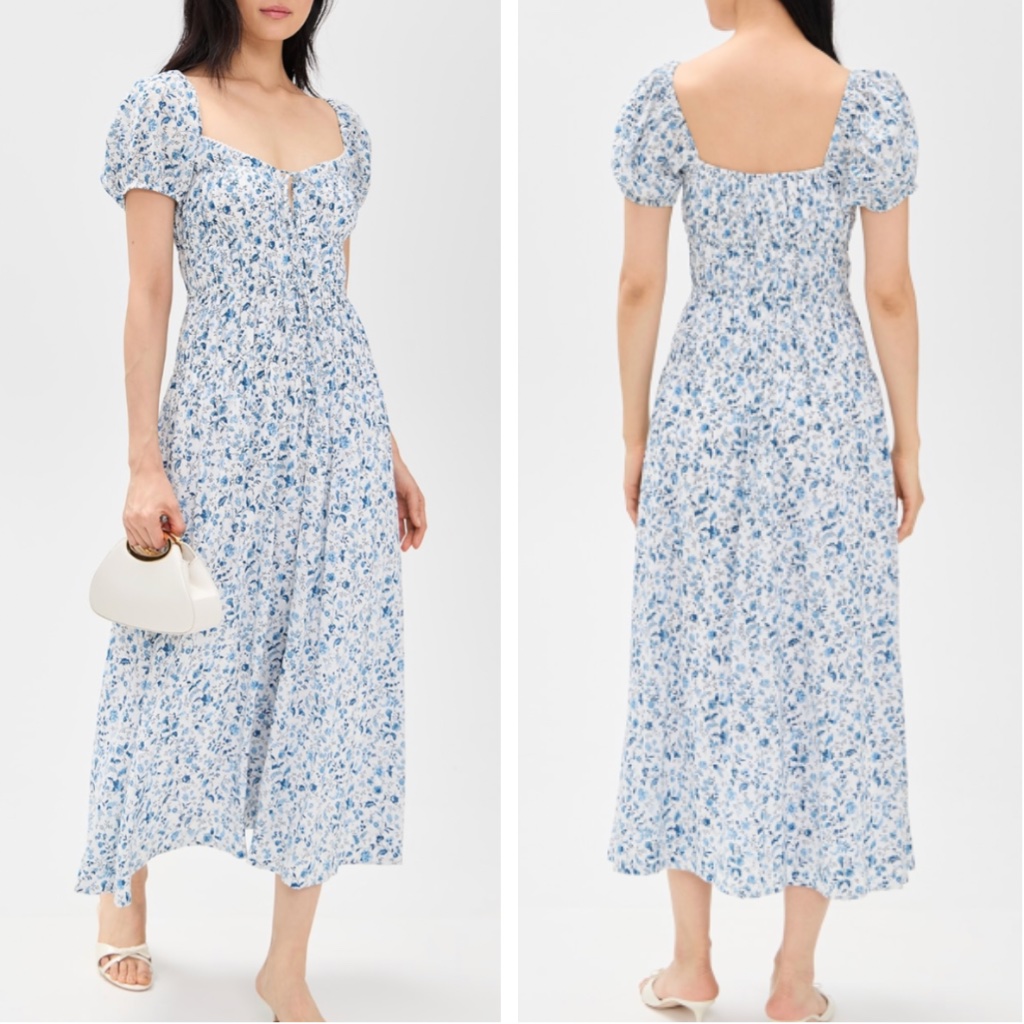 New Reformation Rhett Midi Dress - Nile Voile Blue White Floral French Causal